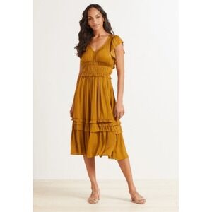 EVEREVE Roan + Ryan Talulah VNeck Ruffle Midi Peasant Gold Dress Cottage Boho XS